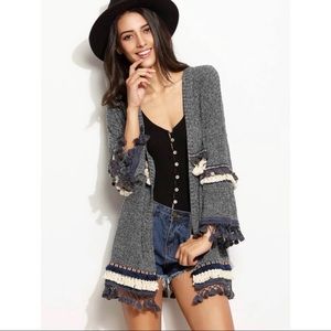 Marled Knit Cardigan with Embroidered Tape/Fringe